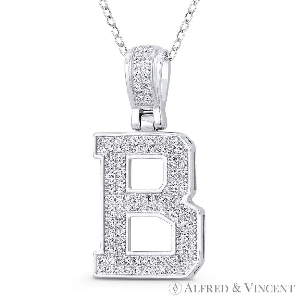 Initial Letter B Block Script Cz Pendant In 925 Sterling Silver W Rhodium 29$